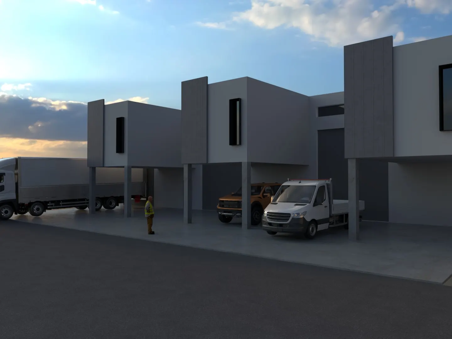 Render de las bodegas industriales del proyecto Bodegas Cancún